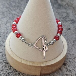Silver and Red Beaded Heart Toggle Bracelet Love Women's Jewelry